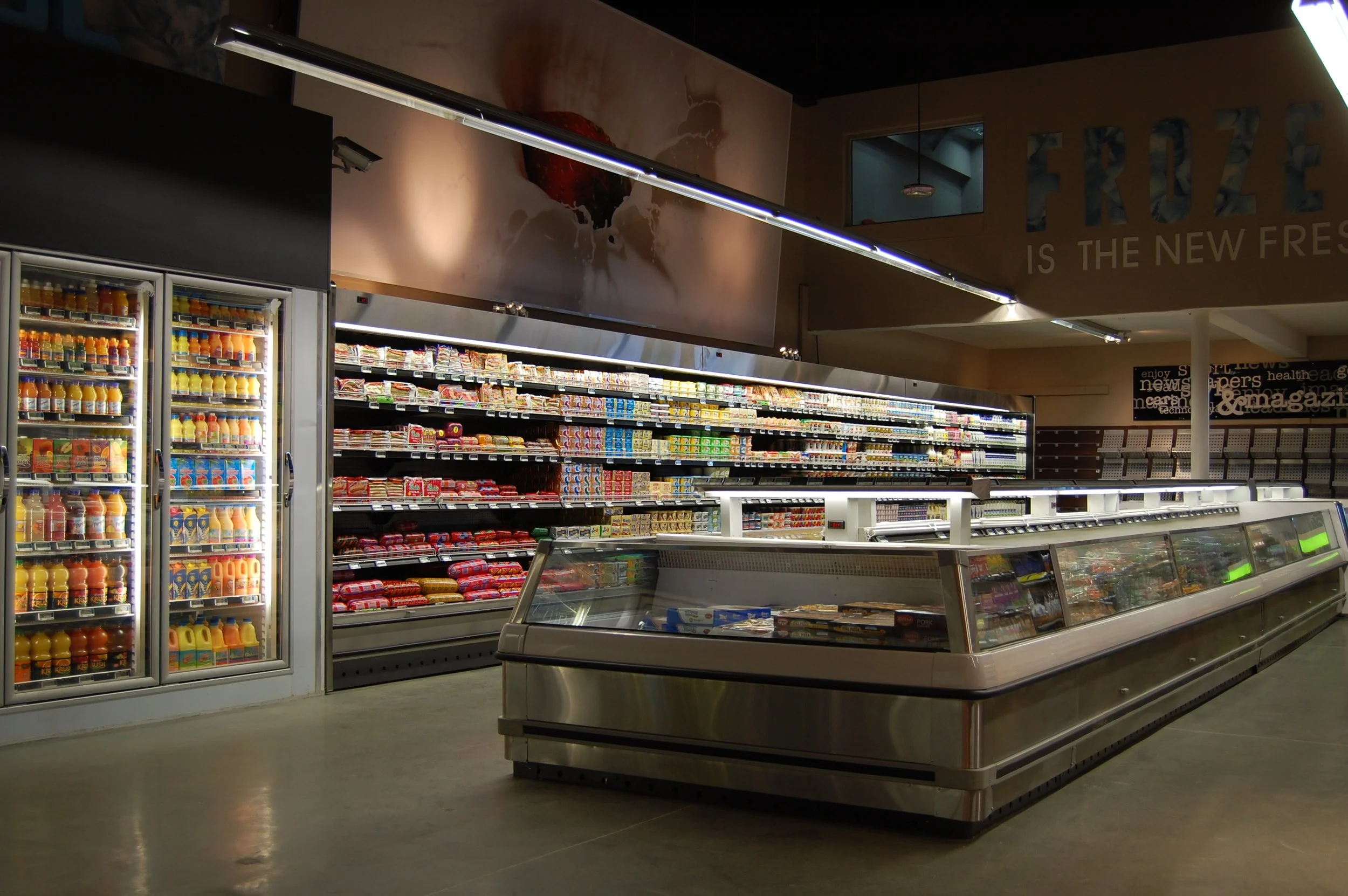 interior supermarket view of dairy and frozens