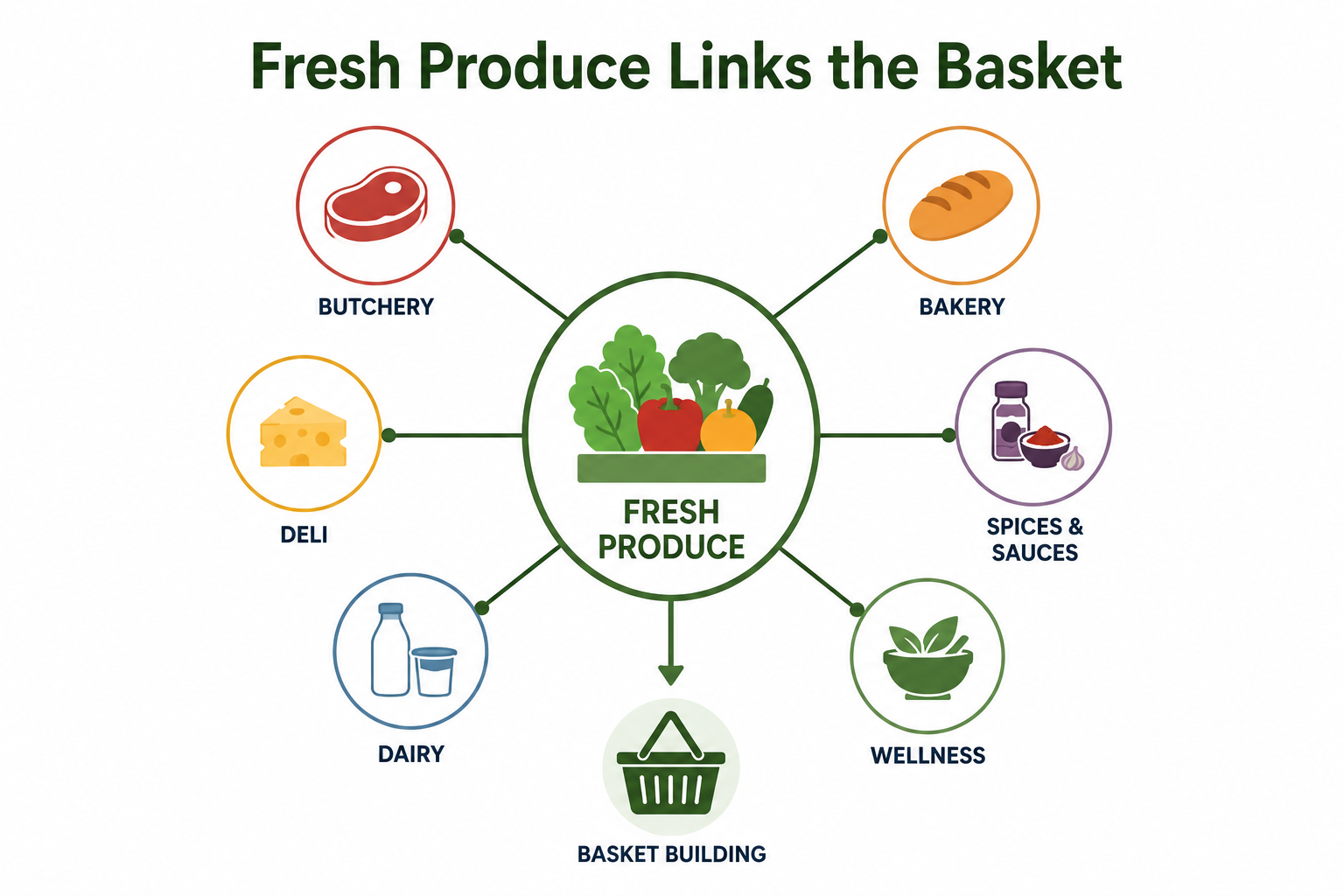 Diagram showing fresh produce linked to butchery, bakery, deli, spices, dairy and wellness as part of supermarket basket building.
