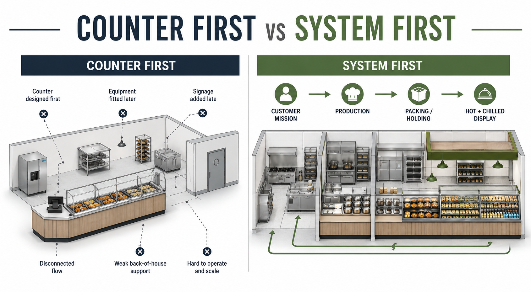 Comparison graphic showing counter-first Prepared Foods design versus operating-system-first supermarket department planning.