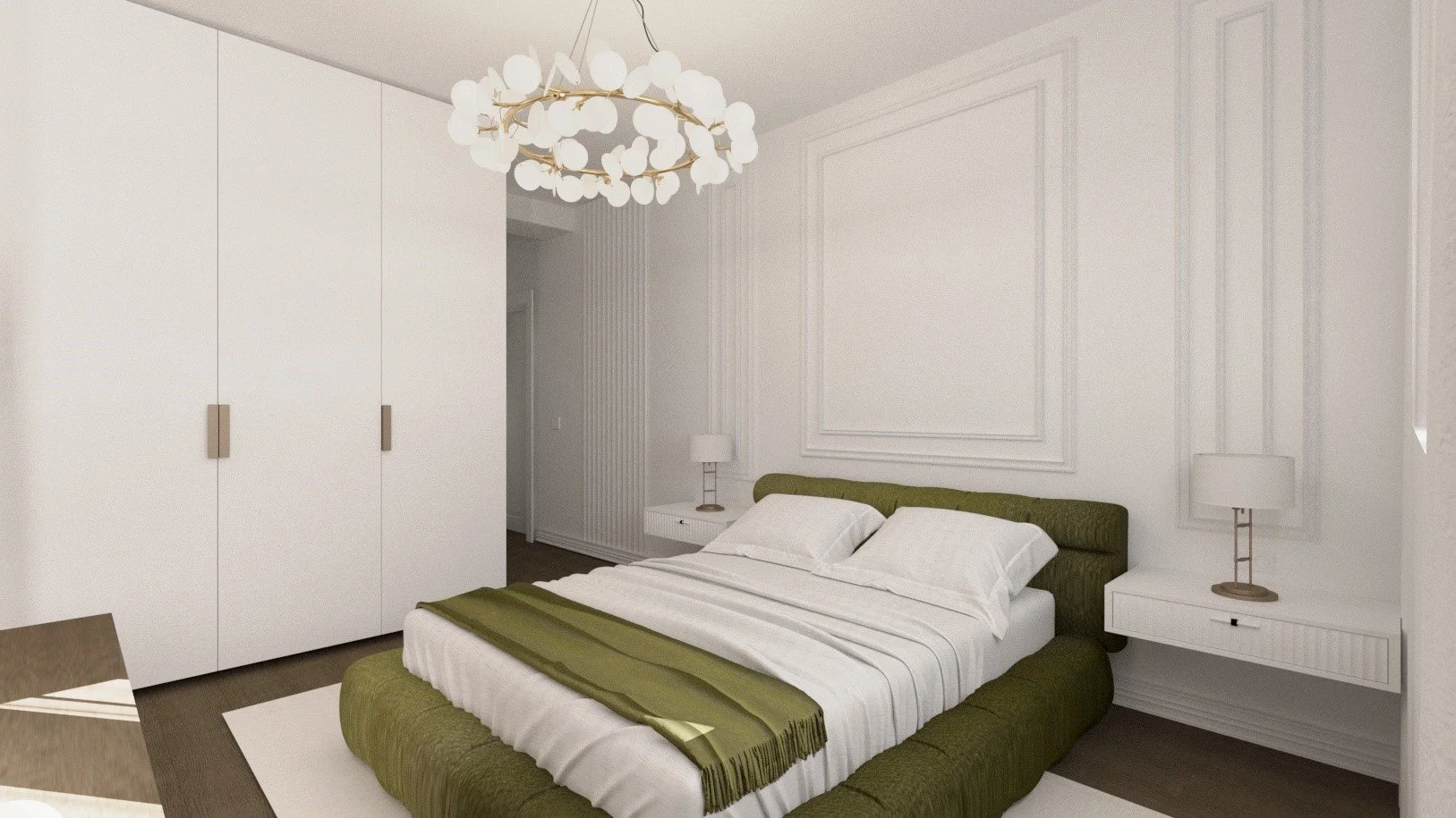 A modern bedroom with white walls, a large green upholstered bed with white bedding and pillows, white side tables with matching lamps, a white closet, and a decorative chandelier hanging from the ceiling.