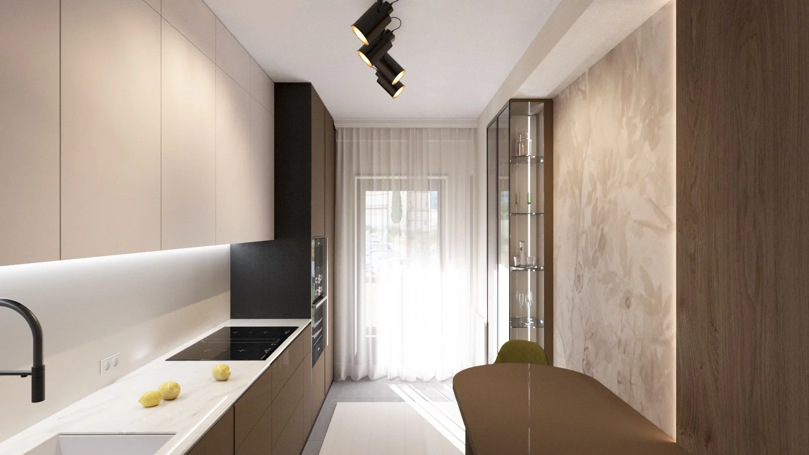 Modern kitchen with beige and black cabinetry, a white countertop with lemons, black stovetop, black faucet, glass display cabinet with glasses, large window with sheer curtains, and a circular dining table with chairs.