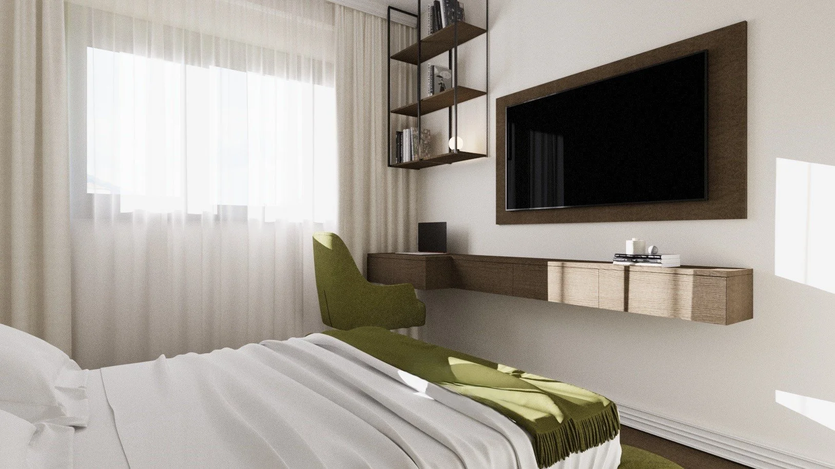 A modern bedroom with a white bed and green throw blanket, a large window with sheer curtains, a green armchair, a wall-mounted TV within a wooden frame, and a floating desk with books and decorative items.