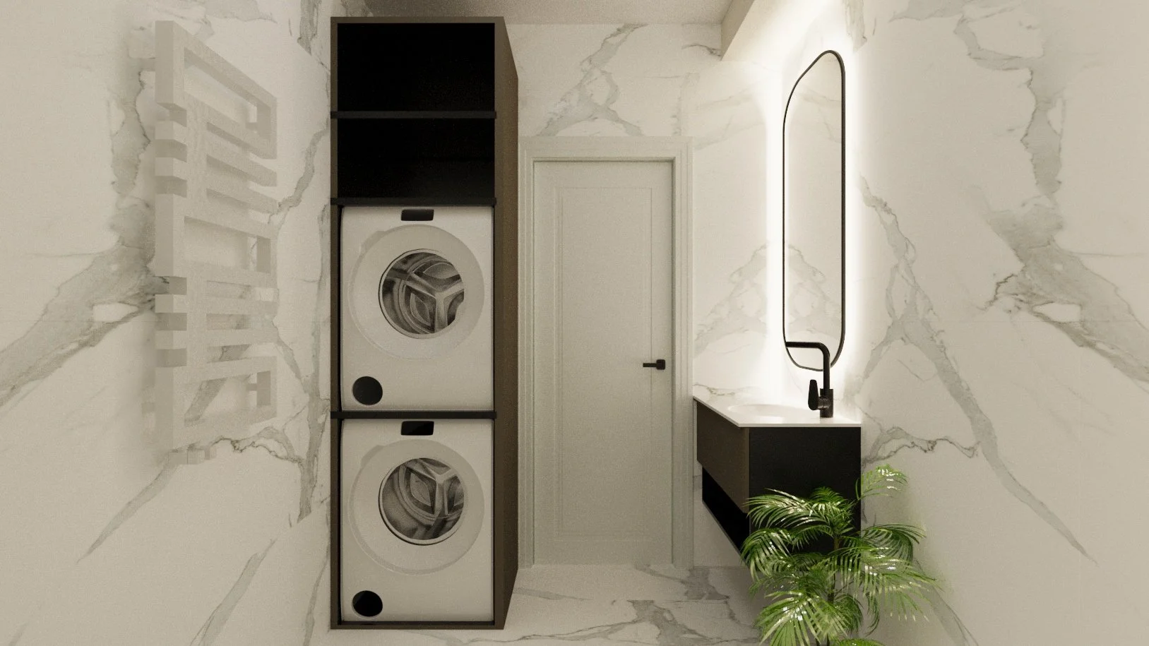 Modern laundry room with marble walls, a dual front-loading washer and dryer stacked inside a black cabinet, a white door, a black vanity with a tall mirror with backlighting, and a green potted plant.