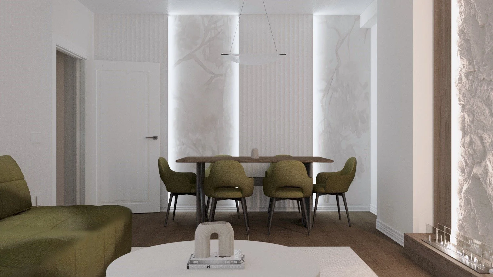 A modern dining room with a wooden table surrounded by six green upholstered chairs. The wall behind the table features marble and textured decor with backlighting. A minimalist chandelier hangs above the table, and there's a small decorative sculptu