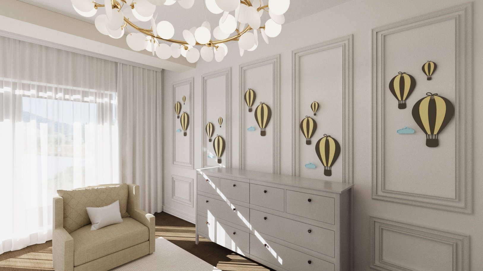 A contemporary room with beige furniture, white curtains, a large window, and decorative hot air balloon wall art.