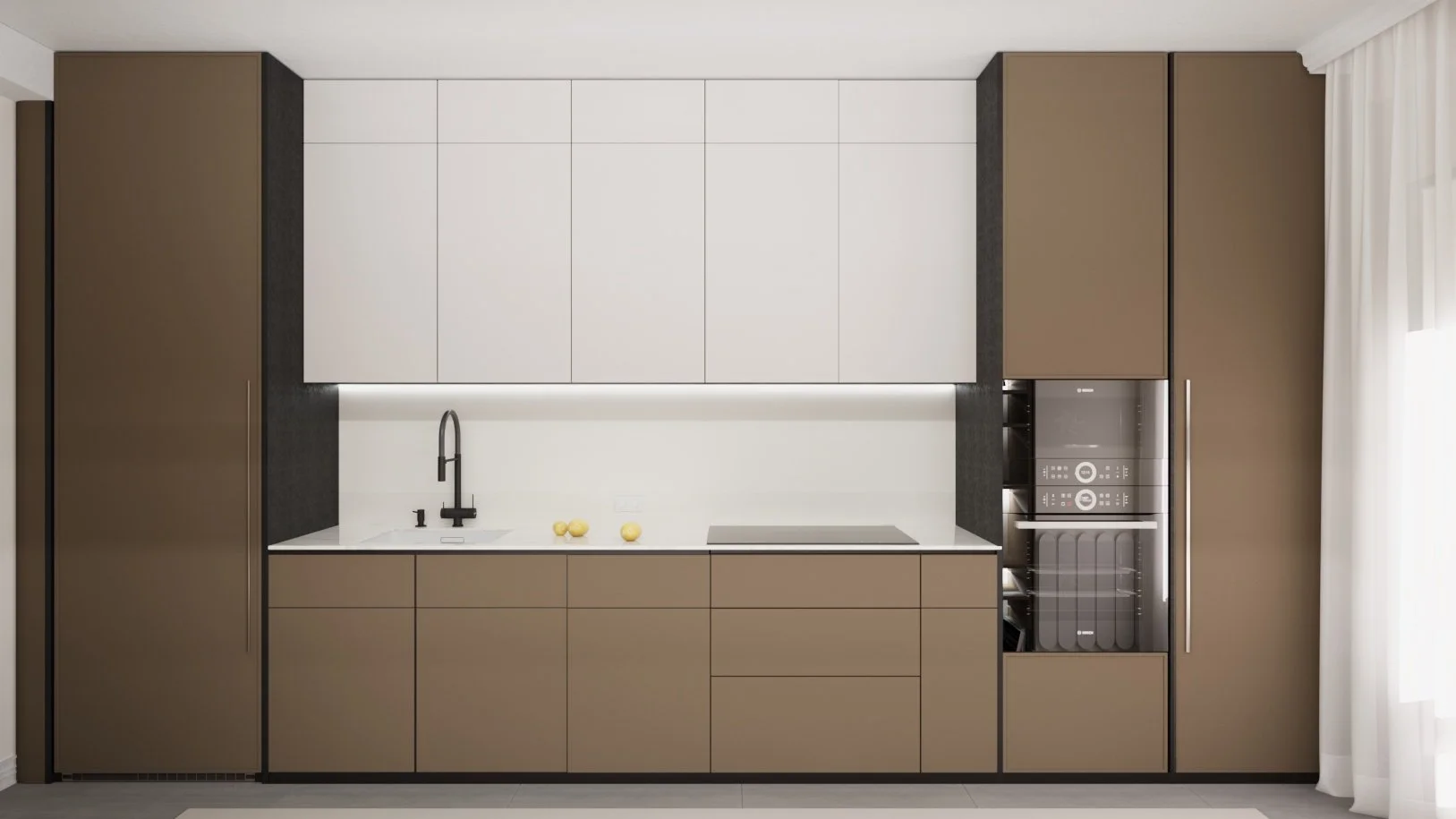 Modern kitchen with brown cabinets, white upper cabinets, black faucet, white countertop, and built-in appliances on the right side. Curtains are visible on the right side.