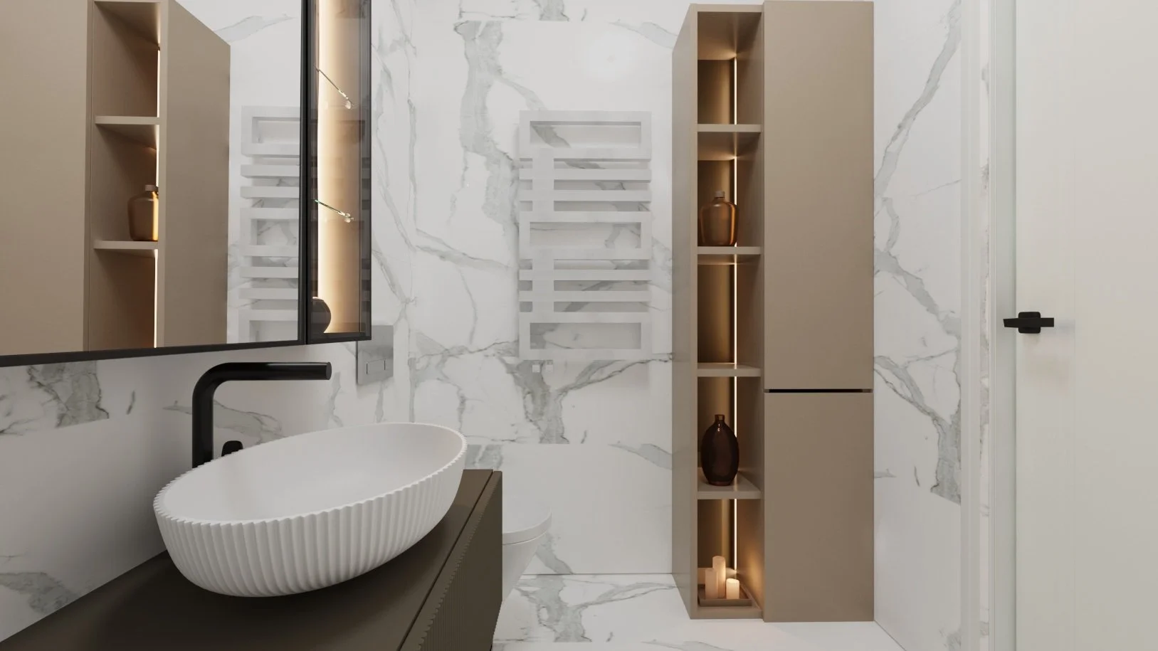 Modern bathroom with white marble walls and floor, black faucet, white ribbed sink basin on a dark countertop, beige cabinetry, and shelves with decorative vases and candles.
