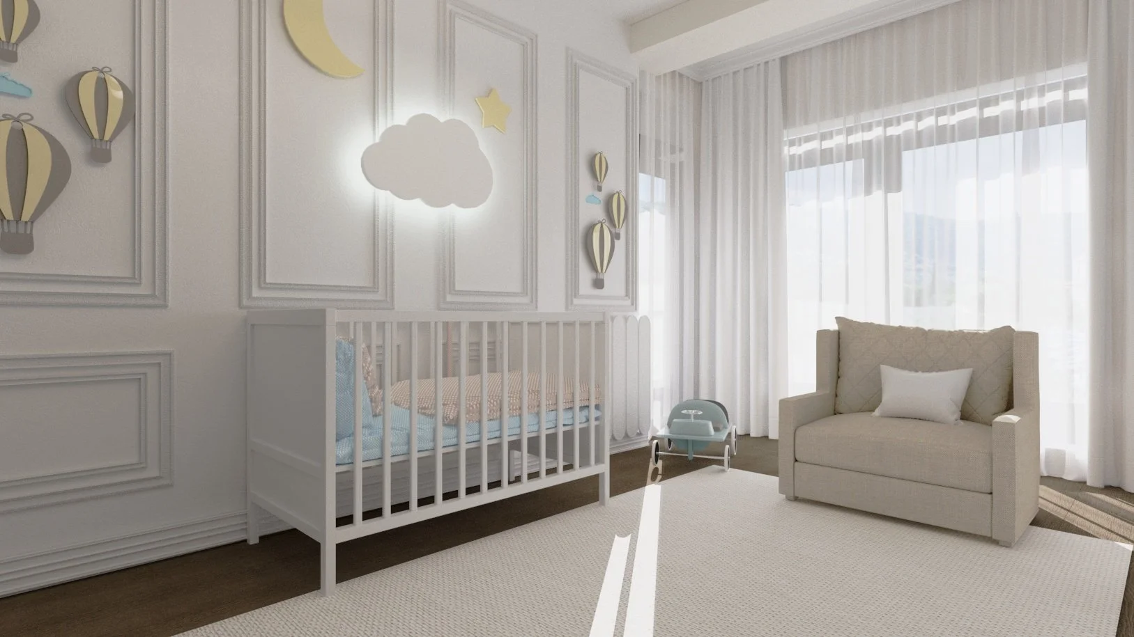 A nursery with white walls, decorated with moon, star, cloud, and hot air balloon wall art. It features a white crib, a small sofa with a pillow, a white rug, and a large window with sheer curtains flooding the room with natural light.