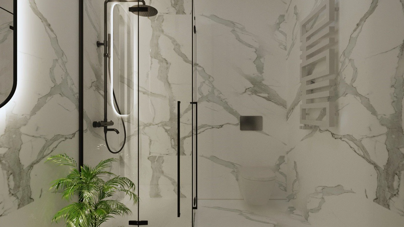 Modern bathroom with white marble walls, a black shower head and fixture, a glass shower door, a small green plant, and a wall-mounted towel heater.