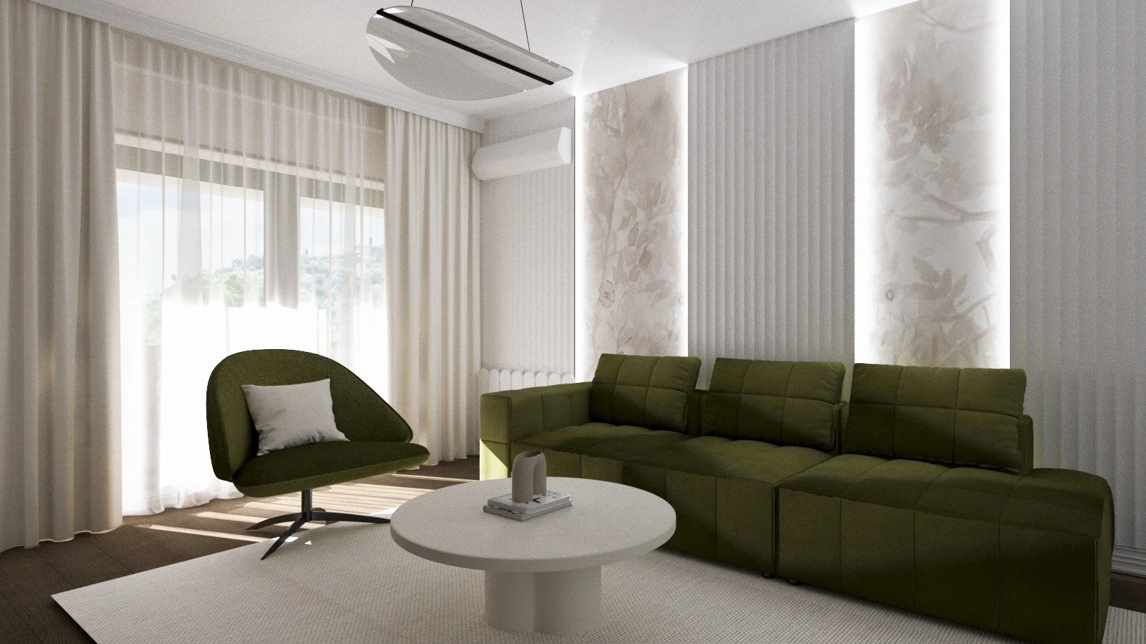 Modern living room with large windows, sheer curtains, olive green sectional sofa, matching lounge chair with cushion, white coffee table with decor, and textured wall panels with lighting.