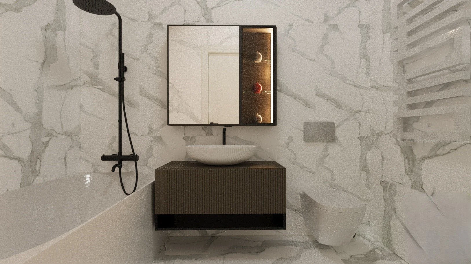 Modern bathroom with marble walls, a black showerhead, a white countertop with a vessel sink, a mirrored cabinet with built-in lighting, and a wall-mounted toilet.