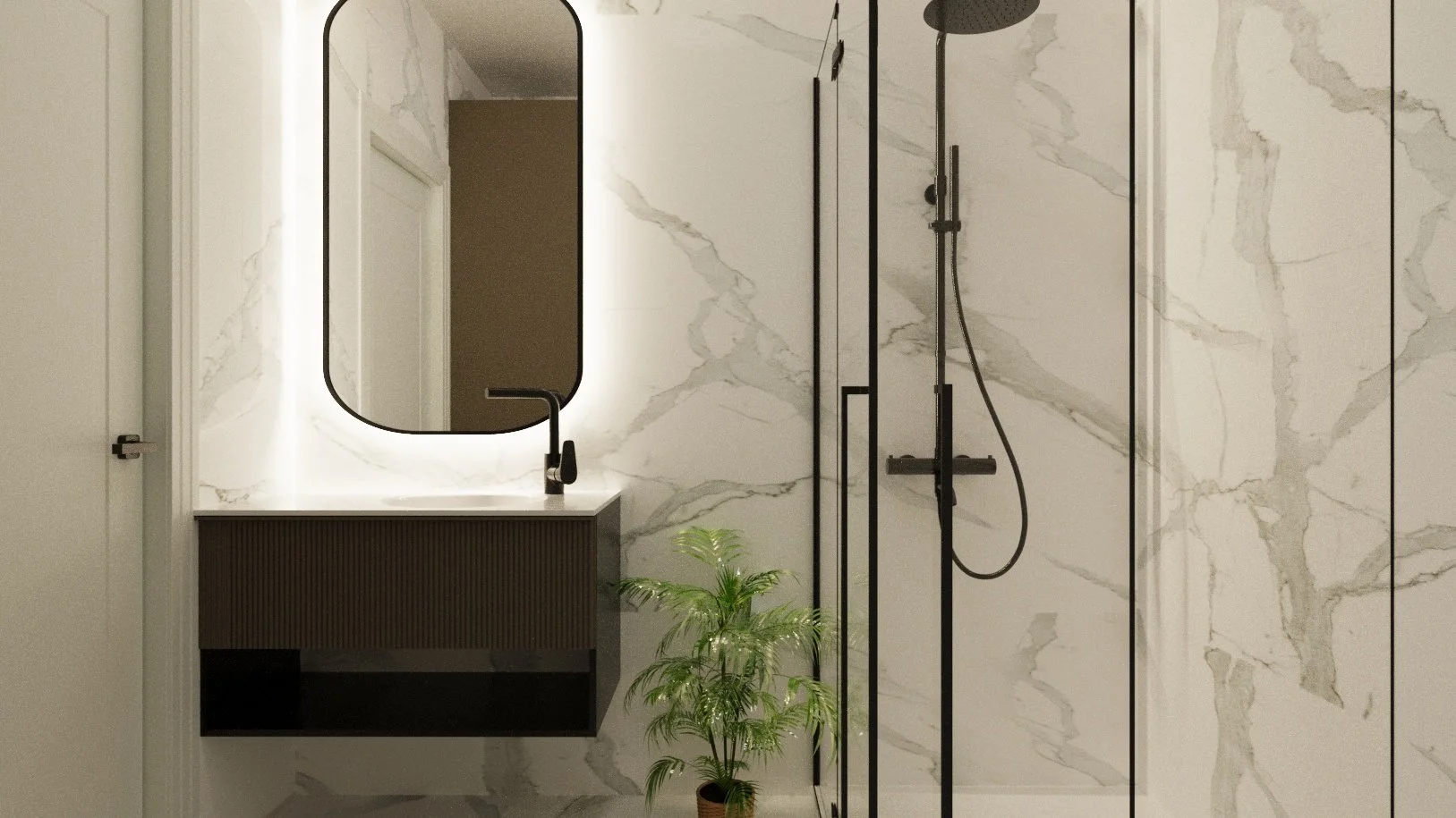 Modern bathroom with marble walls, a black-framed mirror, a black faucet, a plant, and a walk-in shower with black fixtures.