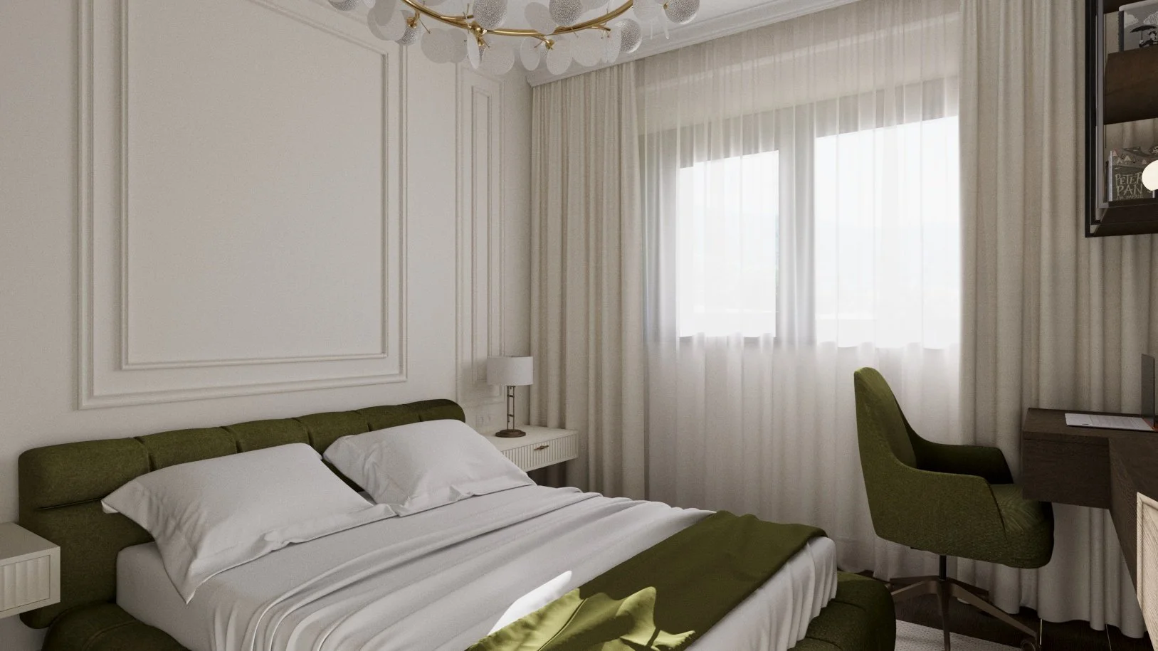 A modern bedroom with a green upholstered bed, white bedding, and matching green chair at a wooden desk near a window with white curtains. There is a ceiling light fixture with multiple globe bulbs and wall paneling on the white walls.