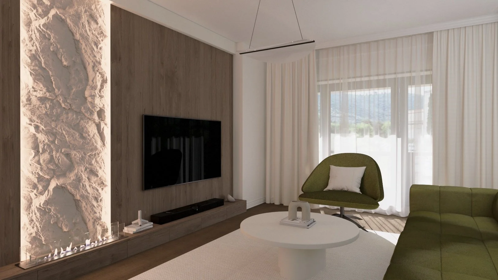 Modern living room with a stone accent wall and a wall-mounted TV. Light-colored curtains cover large windows, allowing natural light to fill the space. Green upholstered chairs, a white round coffee table with decorative objects, and a beige rug cre