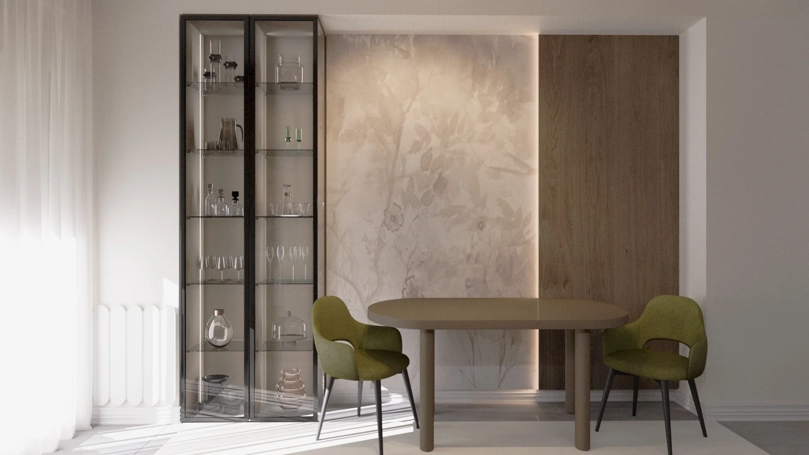 Modern dining area with a round wooden table, two green upholstered chairs, a glass display cabinet with glassware, a decorated textured wall with backlighting, and a white curtain on the left.