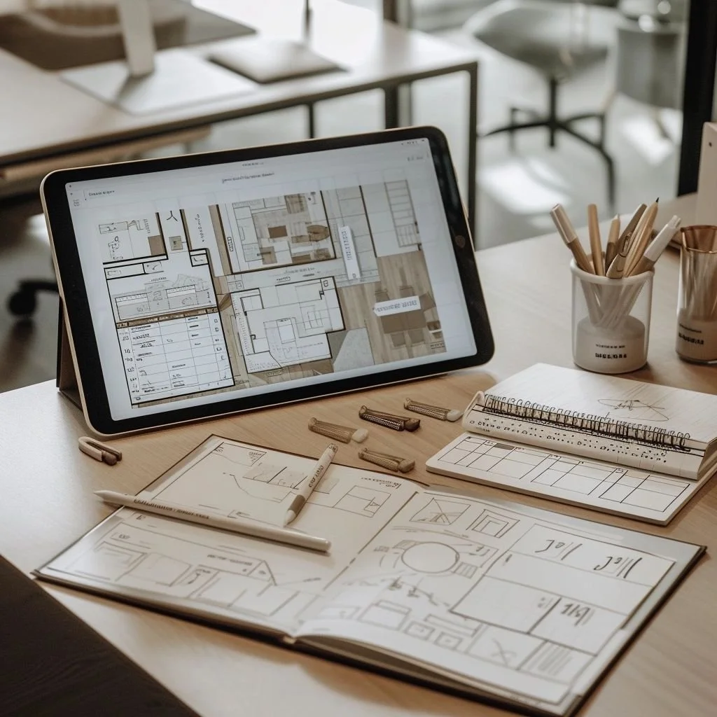 Design plans and sketches for a building or interior space displayed on a tablet, with notebooks, pens, and markers on a wooden desk, suggesting architectural or interior design work.
