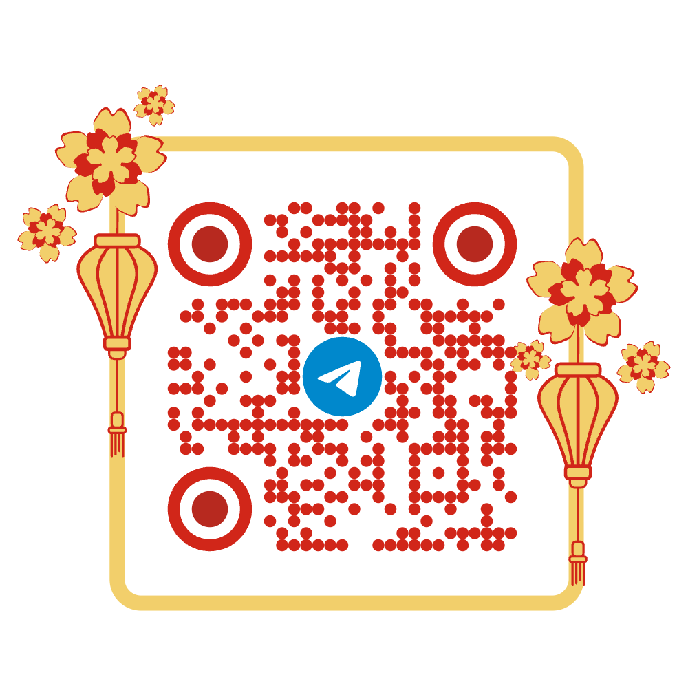 A decorative QR code with red dots and three circles, surrounded by traditional Chinese lantern illustrations and floral elements in yellow and red, on a white background.