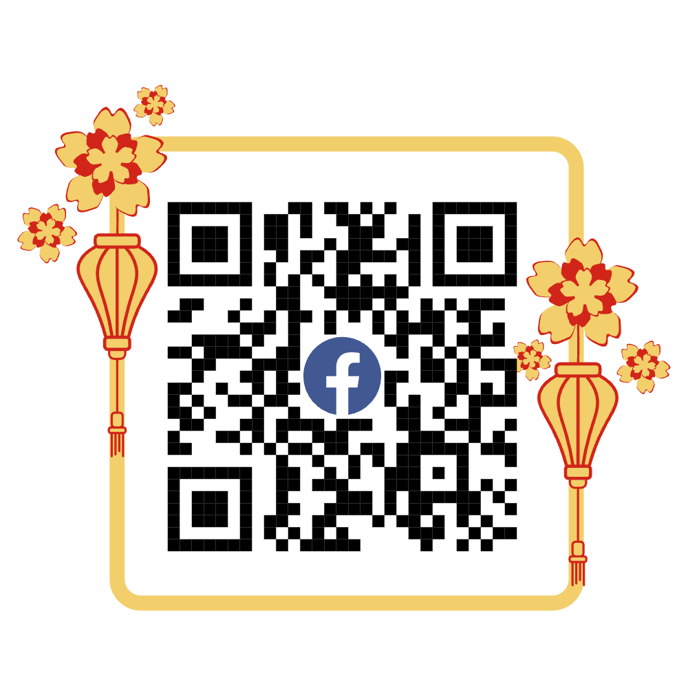A QR code with Facebook logo in the center, decorated with traditional Chinese lanterns and flowers around the border.