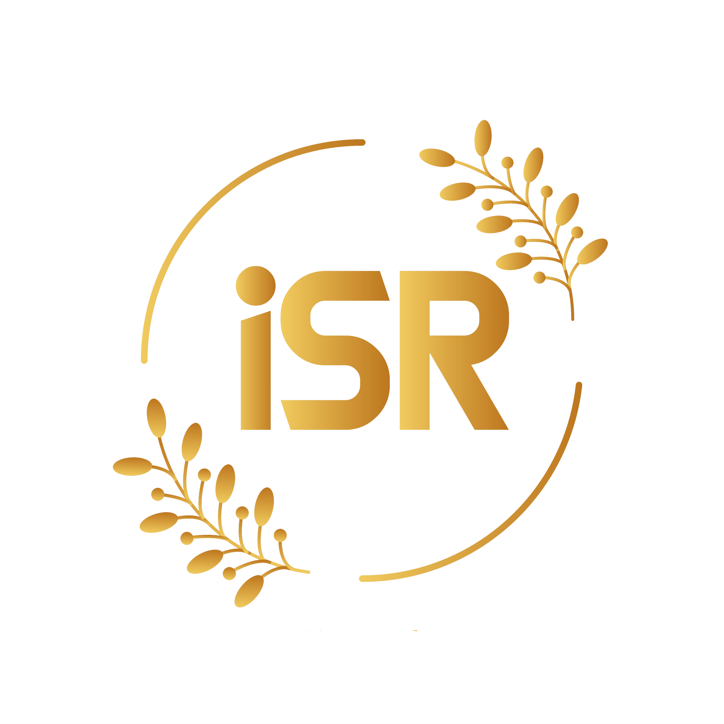 A logo with the letters 'ISR' in gold, surrounded by a partially open gold circle and two decorative gold branches with leaves.
