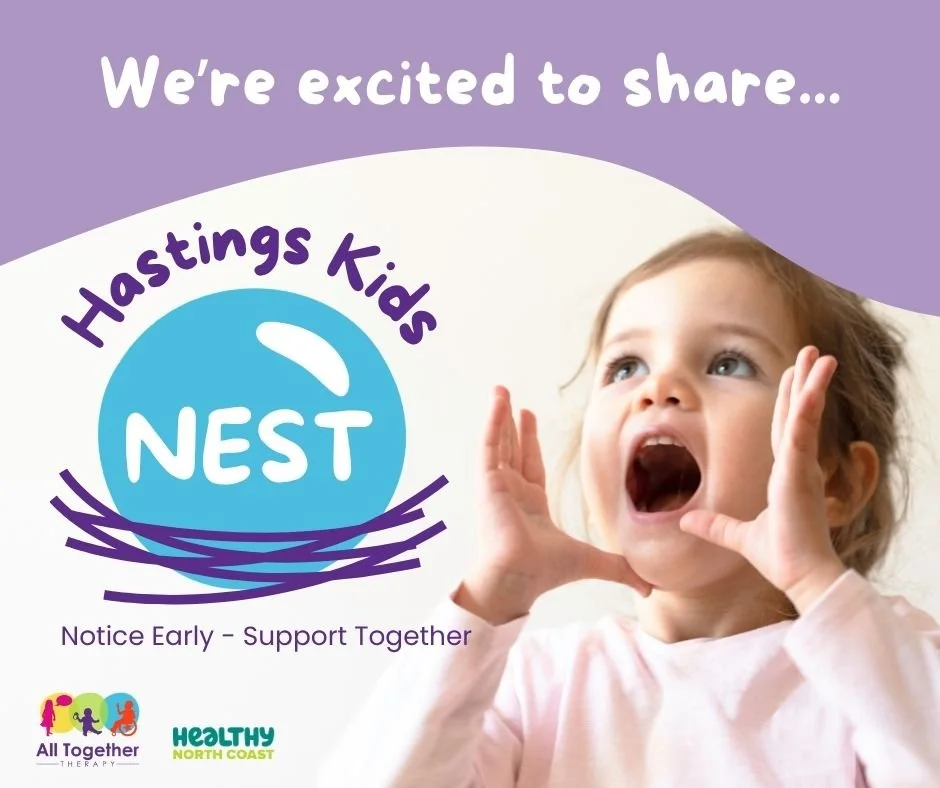 Child introducing our new program (Hastings Kids NEST) with excited hands and expression. All Together Therapy Logo and Healthy North Coast Logo