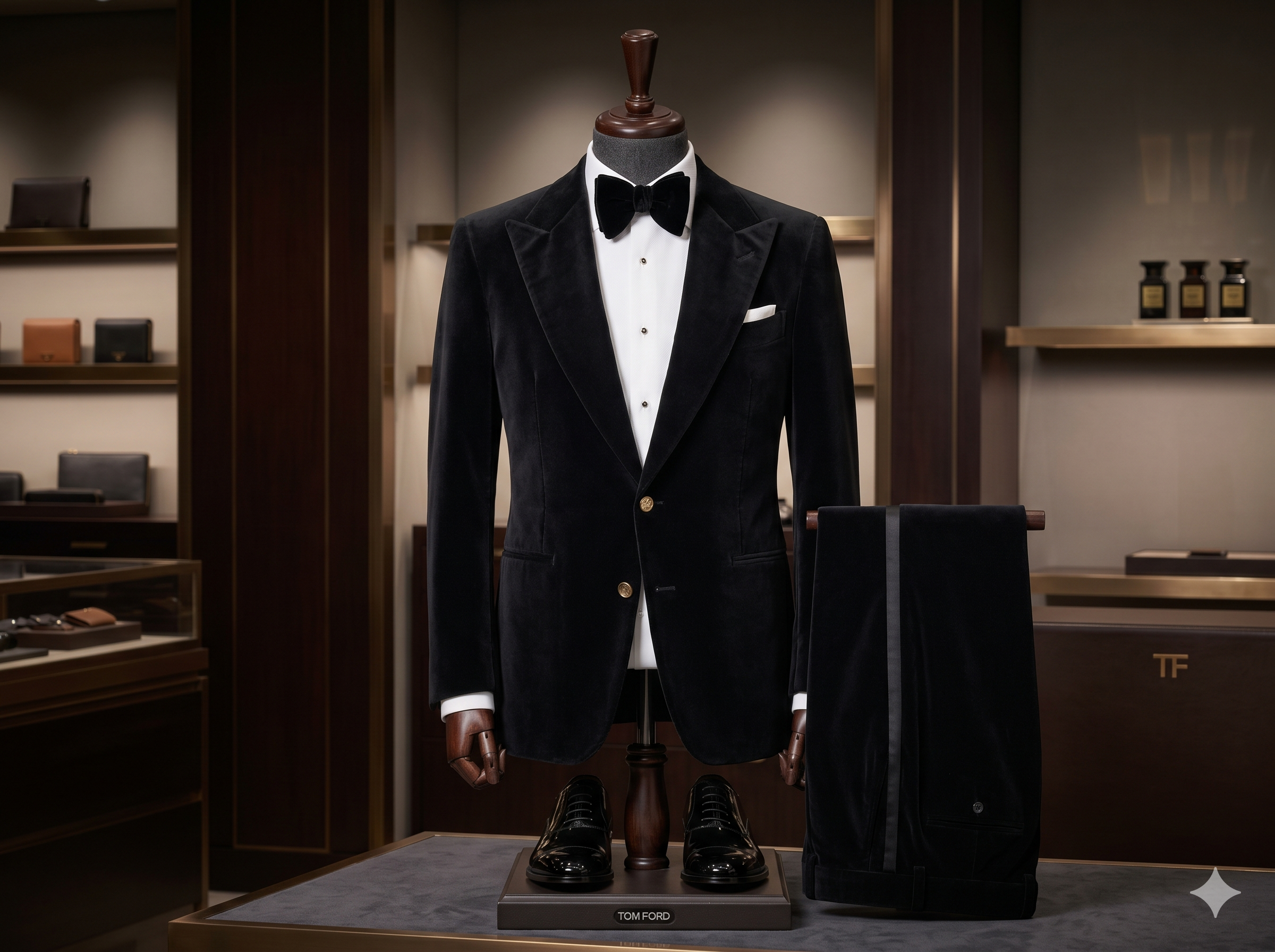 Mannequin dressed in a black tuxedo with a white shirt and black bow tie, displayed on a platform in a retail store, with shelves of handbags and fragrances in the background.