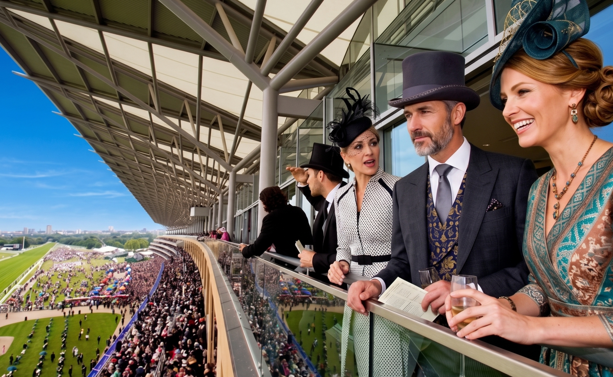 People in fancy attire attending a horse race from a modern balcony overlooking the racetrack, with a crowd on the field below.