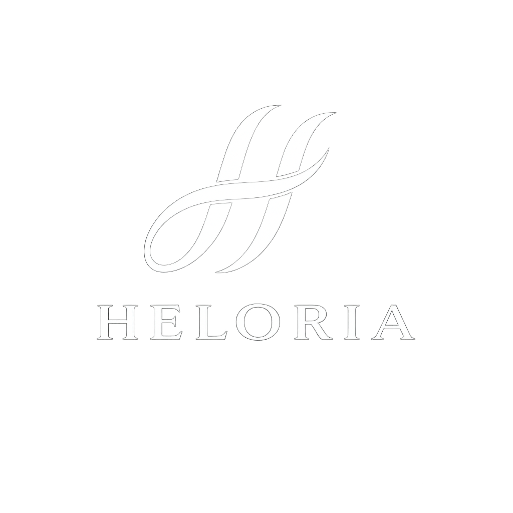 Black background with a stylized white letter 'H' logo above the word 'HELORIA' in white capital letters.
