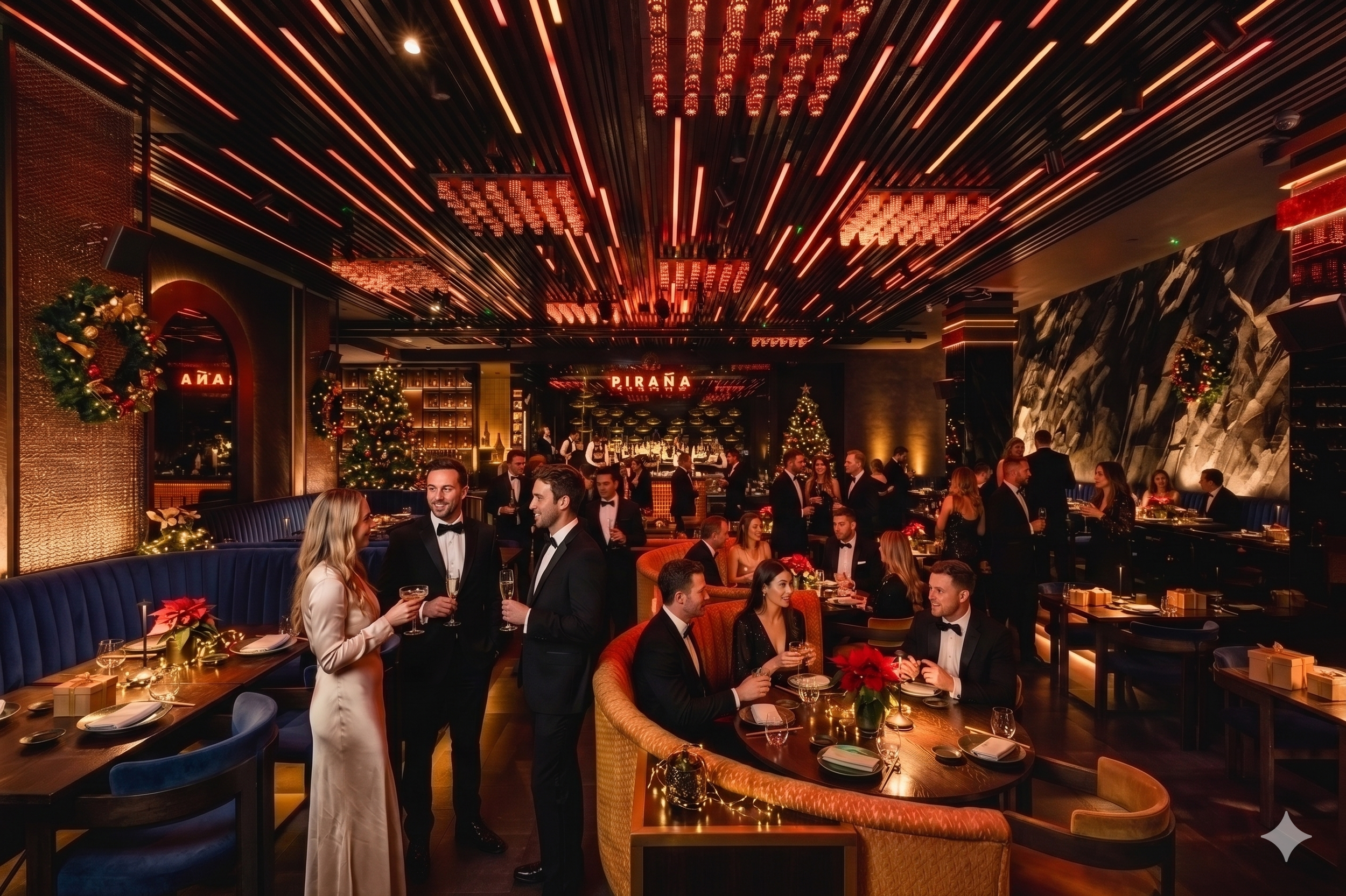 A lively restaurant filled with people dressed in formal attire, including tuxedos and evening dresses, celebrating around decorated Christmas trees with gold ornaments and red ribbons, under a ceiling with red and orange light installations.