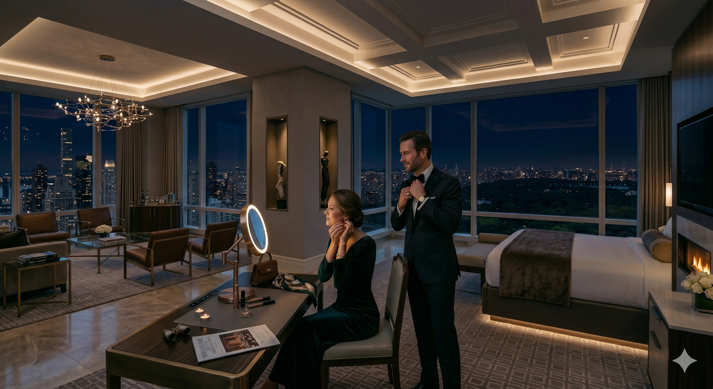 A luxurious hotel room at night with large city view windows, a woman sitting at a vanity table getting ready, and a man adjusting his bow tie, both in formal attire. The room has a modern design with art decorations and ambient lighting.