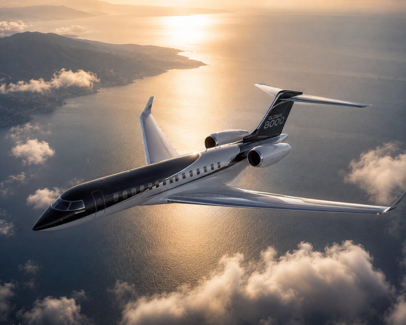A private jet flying above the ocean during sunset with clouds and land visible in the distance.