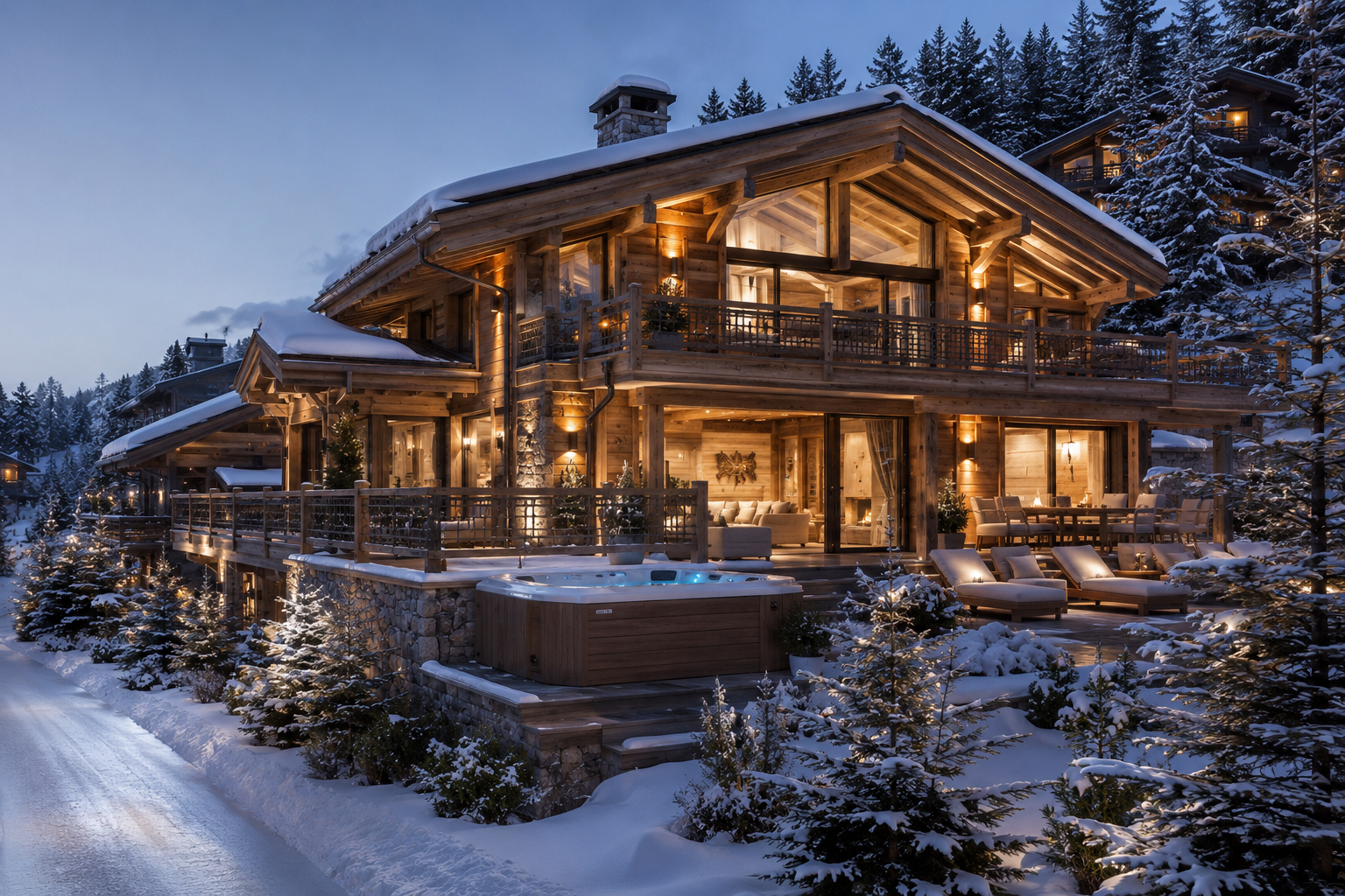 A large, multi-story wooden cabin with outdoor lighting and snow-covered roof, surrounded by snow-covered pine trees at dusk, with illuminated interior visible through large glass windows and patio furniture and a hot tub on the deck.