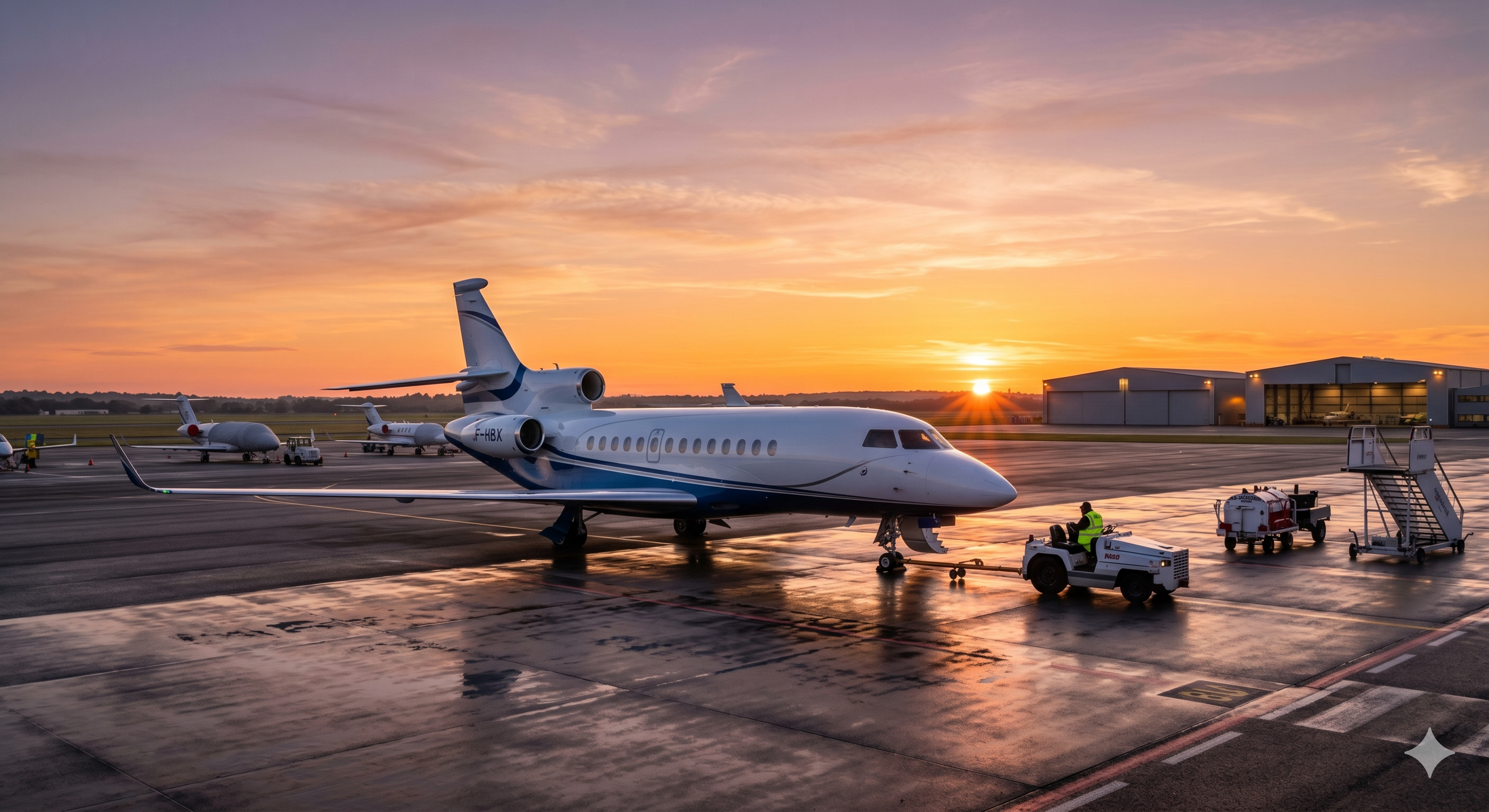 Private jet on airport tarmac at sunset with ground crew and hangar in background.