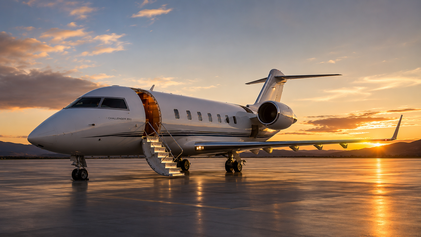 A private jet on the tarmac during sunset with stairs leading into the aircraft. The sky has scattered clouds illuminated by the setting sun.
