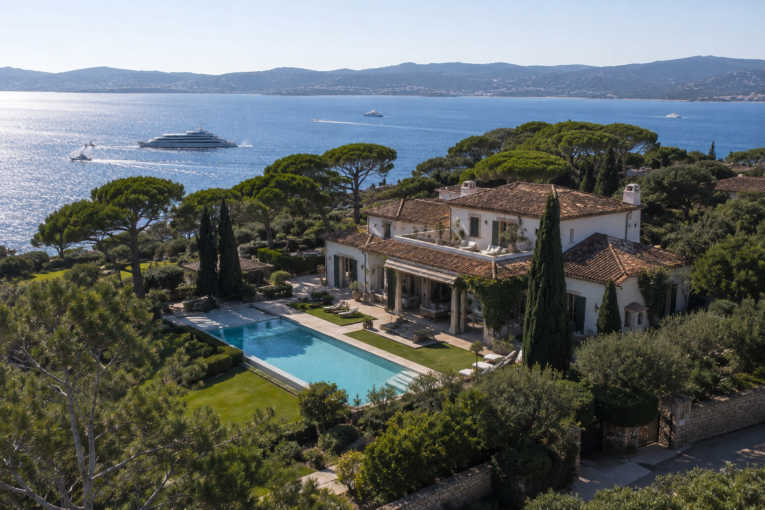 A luxurious house with a swimming pool and lush landscaping atop a hill overlooking the ocean, with yachts sailing in the distance.