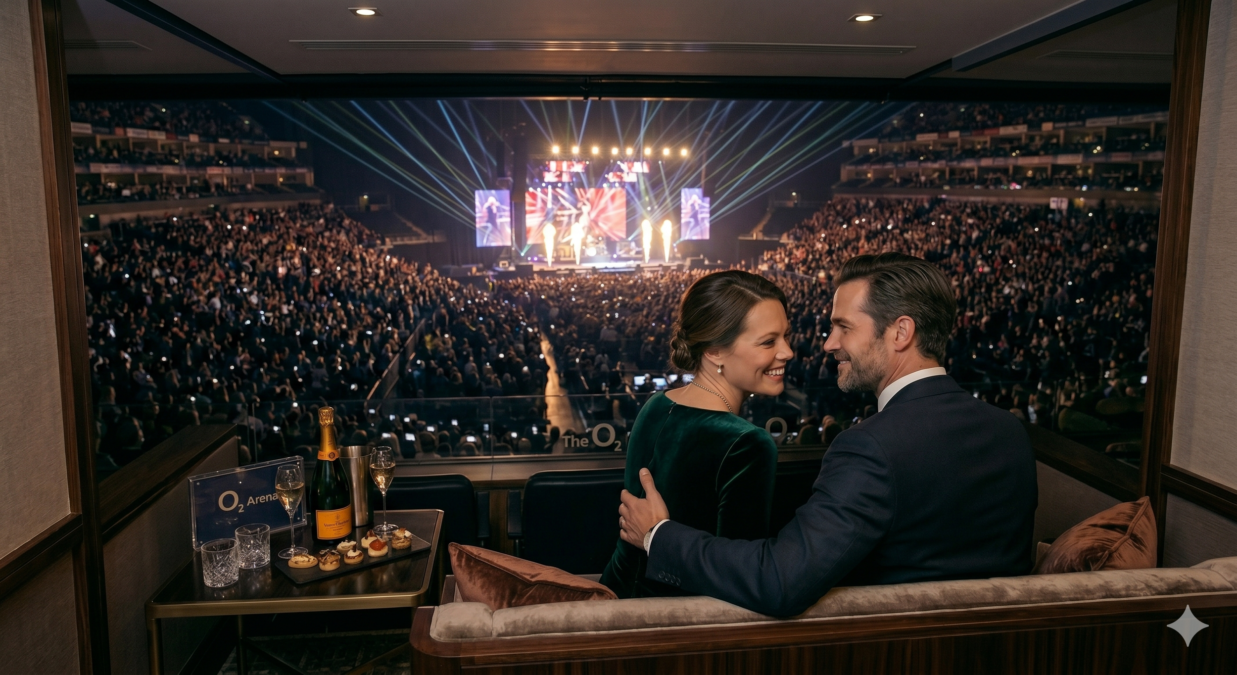 A couple dressed formally, smiling and holding each other, seated in a private box at a concert or event at the O2 Arena, with a large crowd and stage with lights in the background.