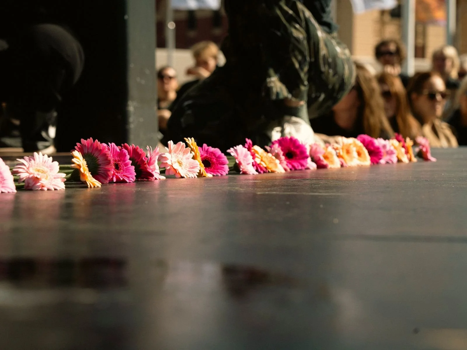 A row of pink, white, and yellow flowers arranged on the ground with a blurred group of people sitting in the background.