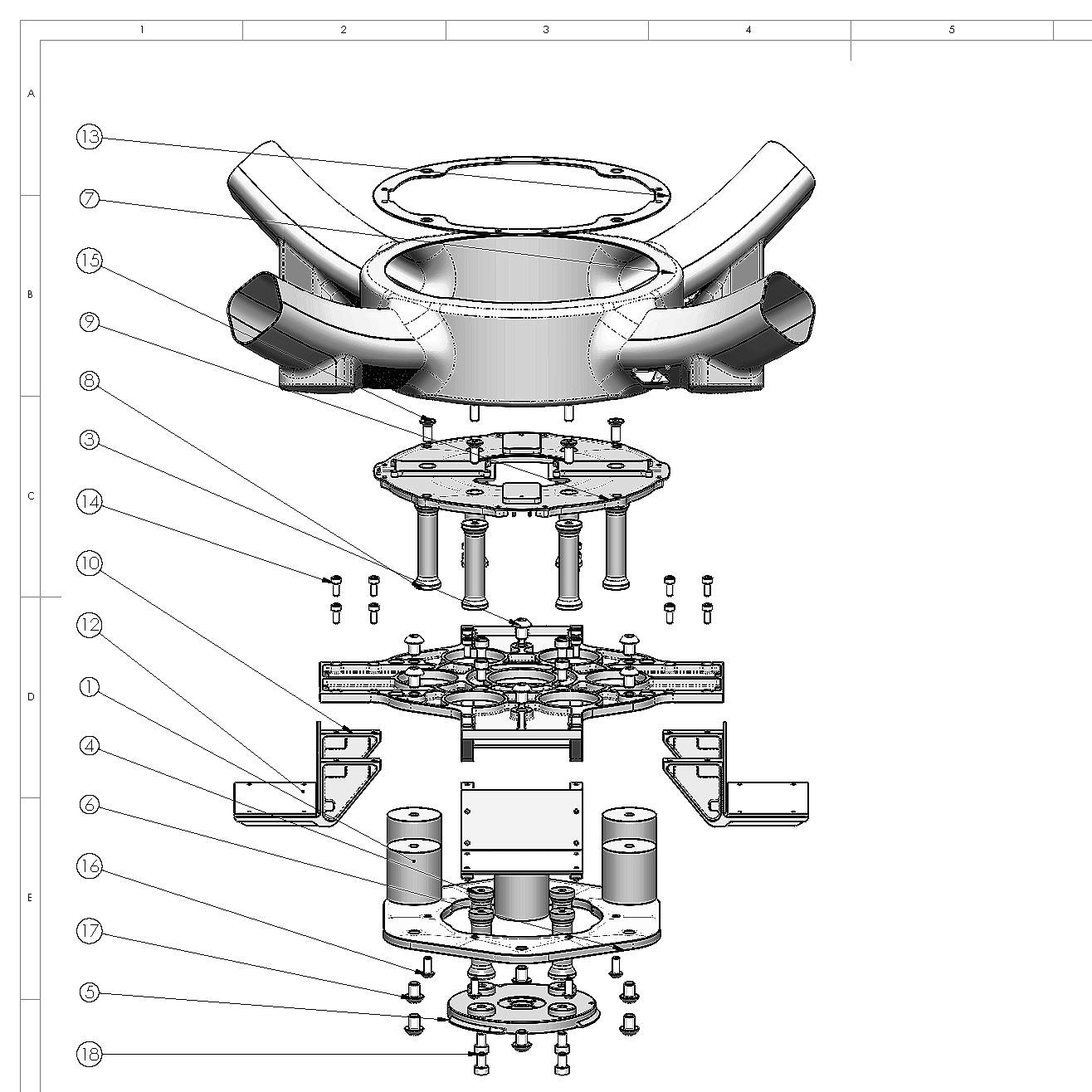 Technical drawing of a mechanical assembly with individual parts numbered and exploded view.