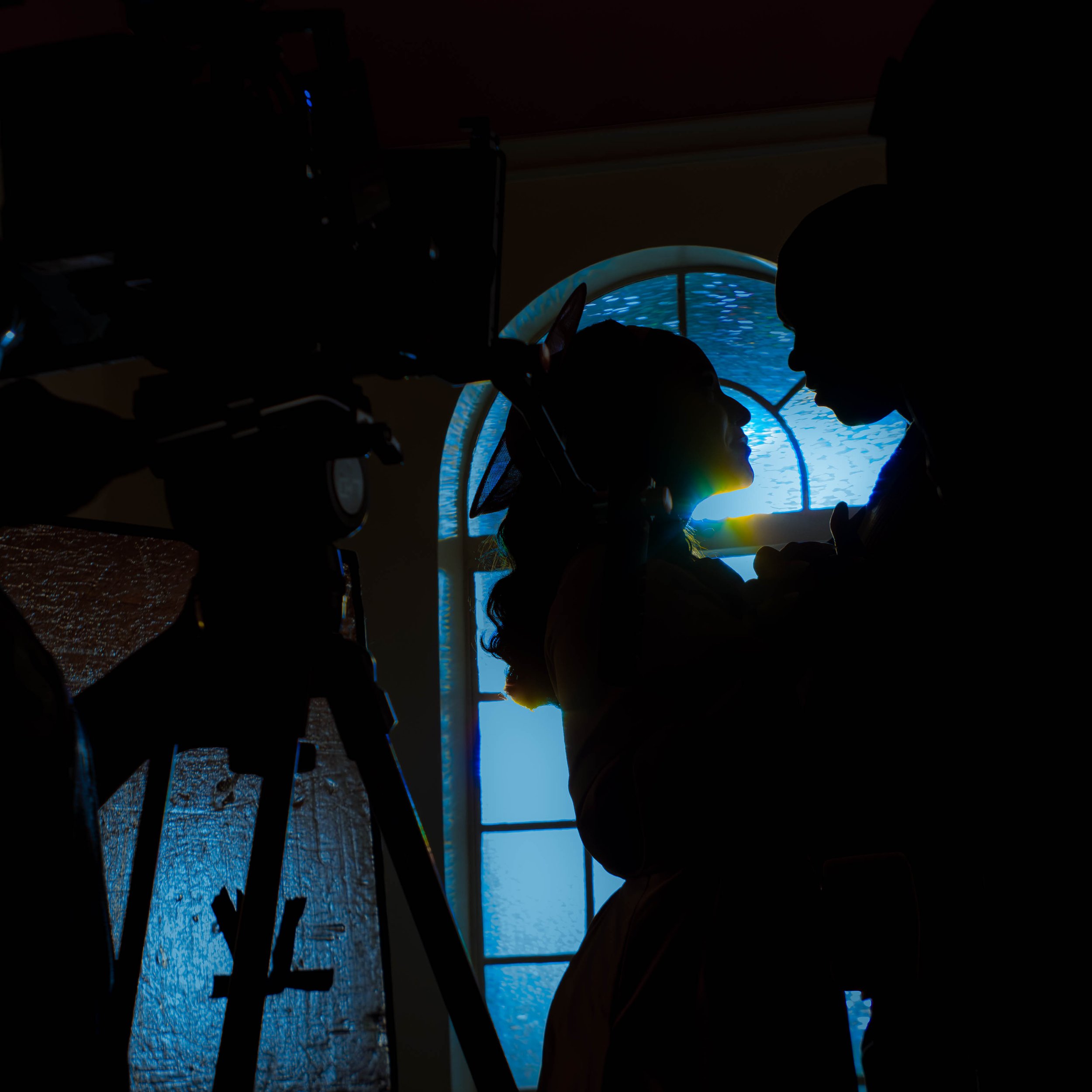 Silhouettes of two children facing each other in front of a circular window or aquarium with blue water, with some equipment on the left side of the image.
