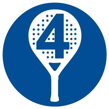 A blue and white logo featuring a tennis racket with the number 4 on it.