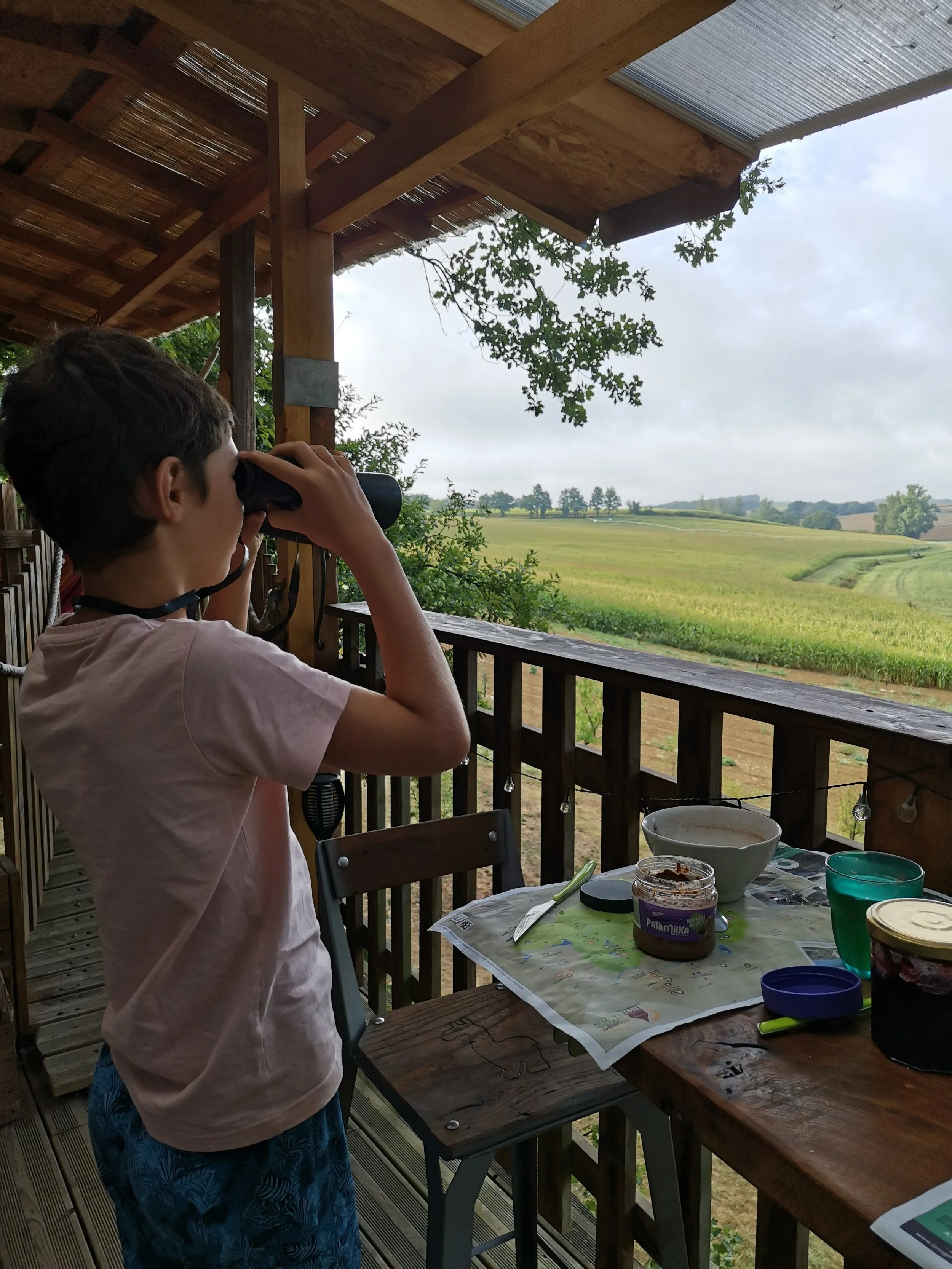 Un garçon regarde dans une longue paire de jumelles sur une terrasse en bois, avec une vue sur des champs verts sous un ciel nuageux, entouré d'arbres et de végétation.