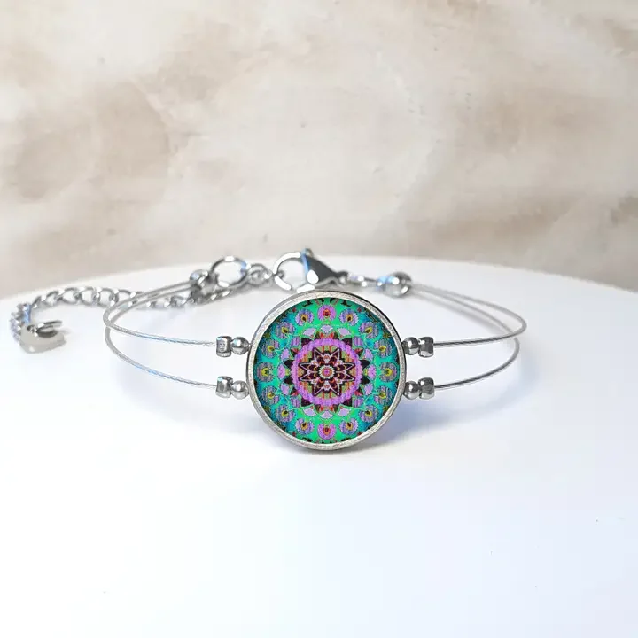 NOA Framed Round Ceramic Bracelet Purple & Green Suzani