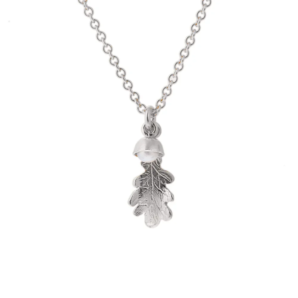 Claire Troughton Small Oak Leaf and White Pearl Acorn Necklace