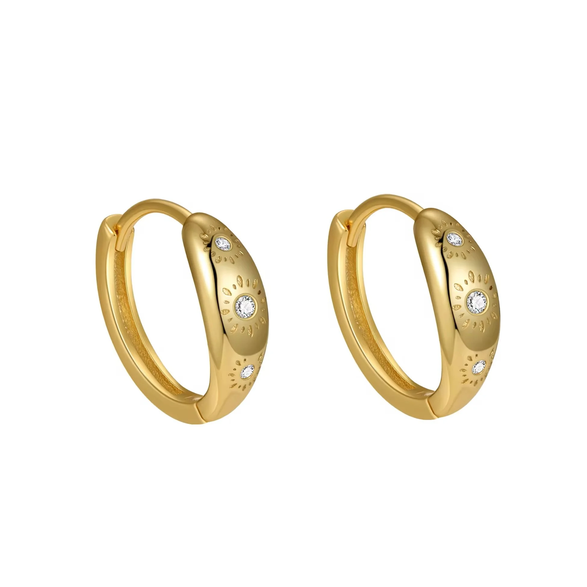 Sun Engraved CZ Huggie Earrings Gold