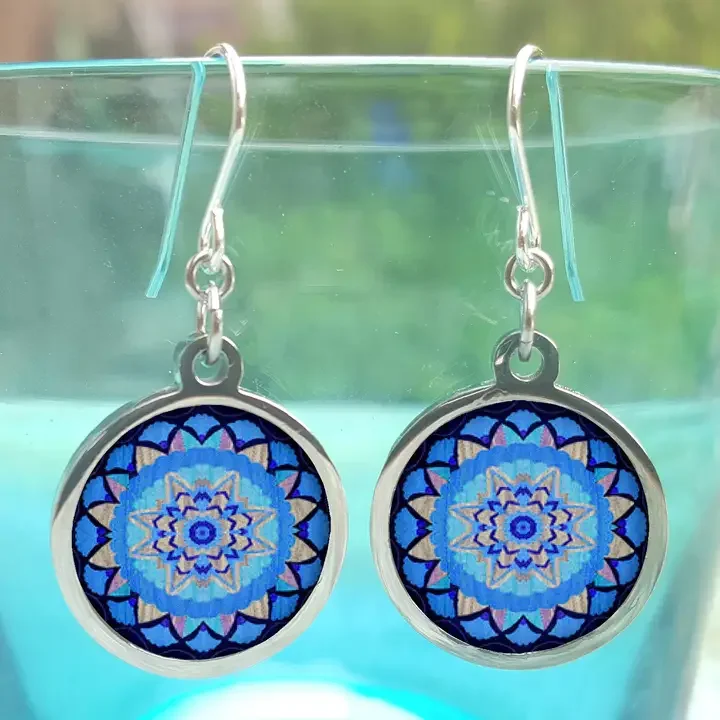 NOA  Stainless Steel Framed Round Ceramic Earrings Blue Suzani