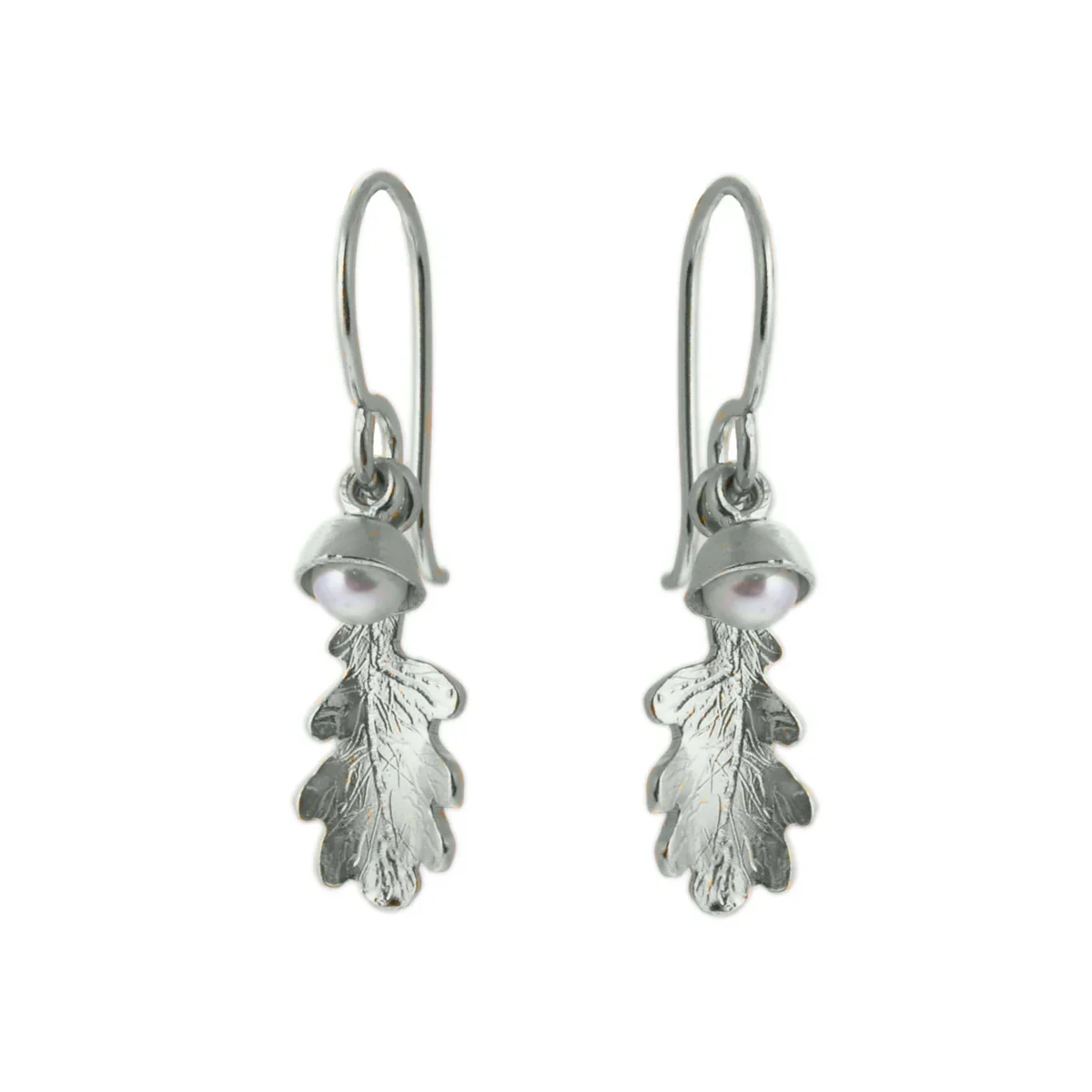 Claire Troughton Small Oak Leaf Hook Earrings With White Pearl Acorn
