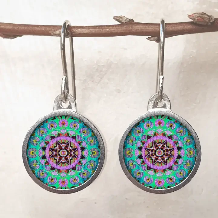 NOA  Stainless Steel Framed Round Ceramic Earrings Purple & Green Suzani