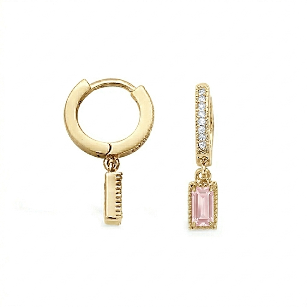 Pale Pink CZ Rectangular Drop Hoop Earrings Gold