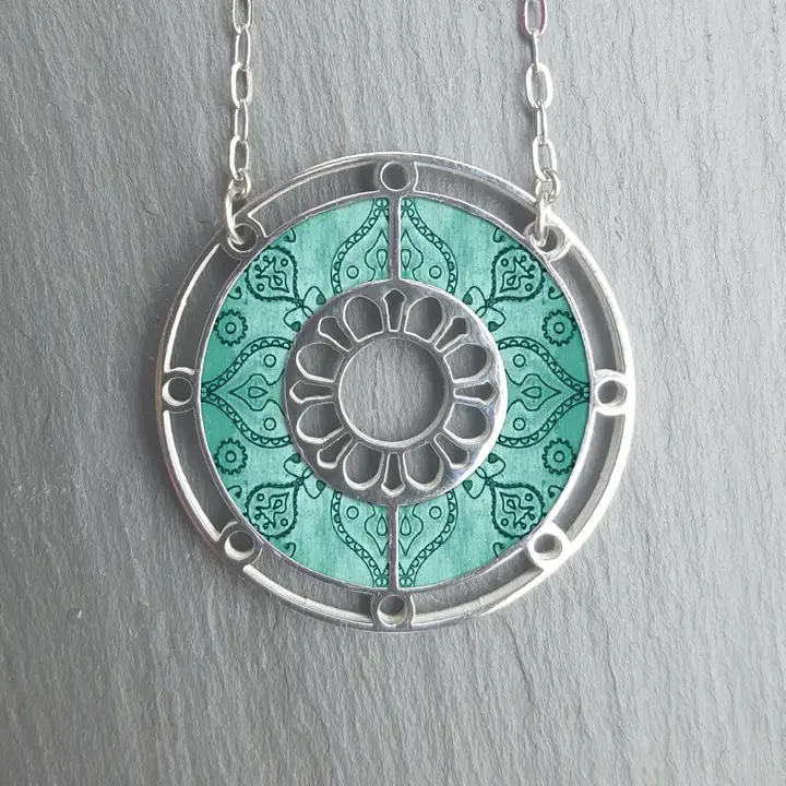 NOA Aquamarine Stainless Steel & Walnut, Round Necklace
