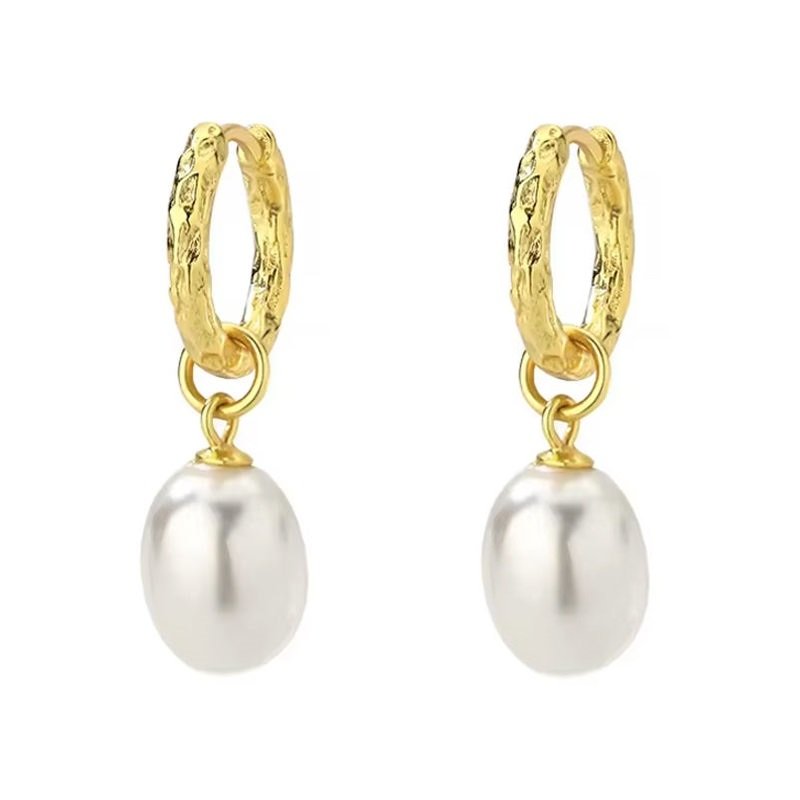 Textured Huggies With Pearl Drop Gold