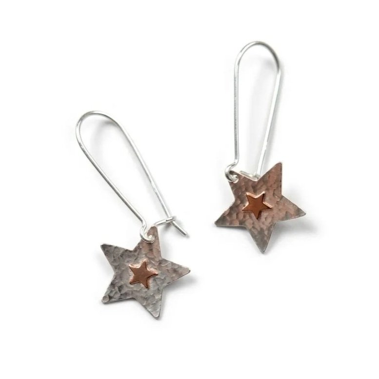 Silver Star Long Hook Earrings